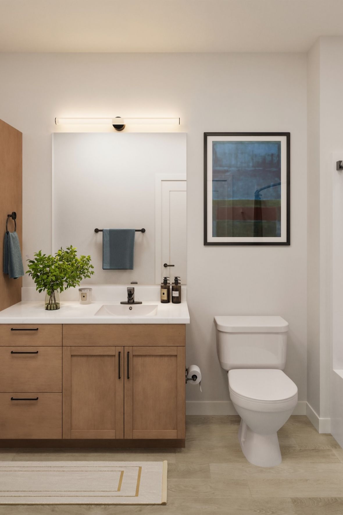 Bathroom with Built-In Storage at The Dorian Apartments in Lake Elmo, MN