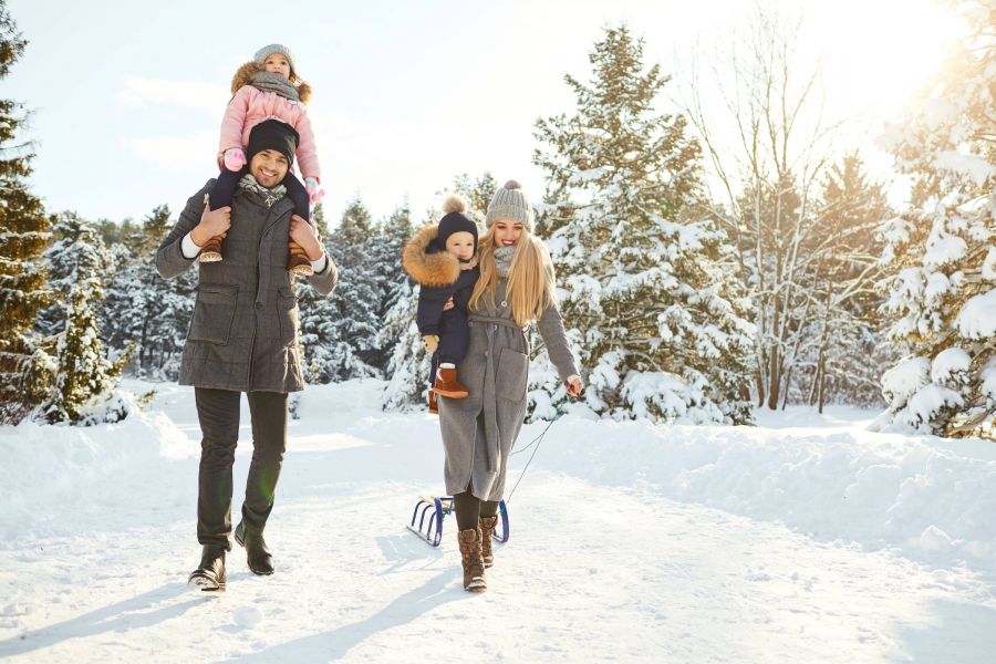 A family walks in a snowy forest; parents carry children and pull a sled on a sunny winter day.